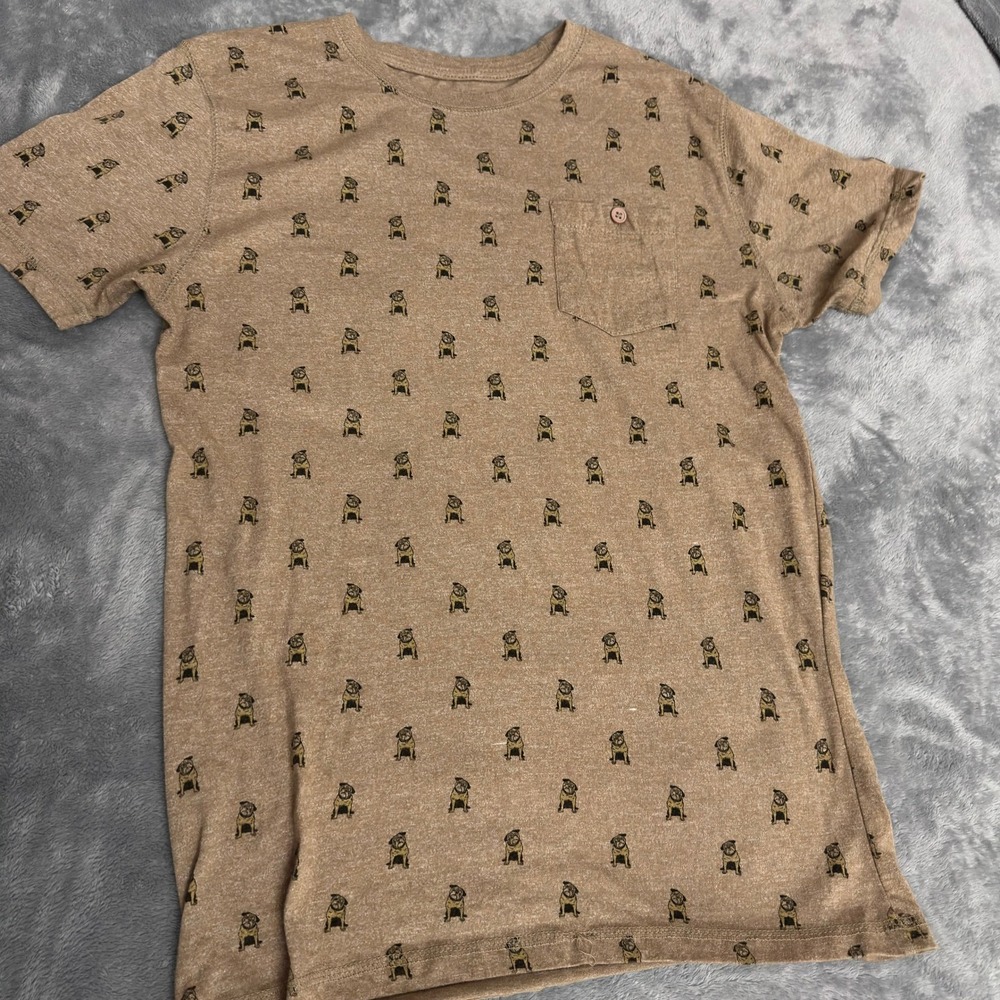 Creative Destruction Pug Print Pocket Tee Shirt Medium Tan Heather Short Sleeve